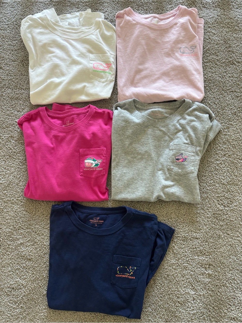 Vineyard Vines Five-Pack Pocket Tee Set — White, Pink, Hot Pink, Gray, Navy